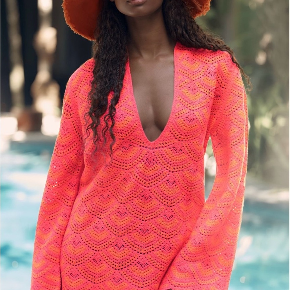 Anthropologie Celandine Crochet orange pink beach coverup kaftan